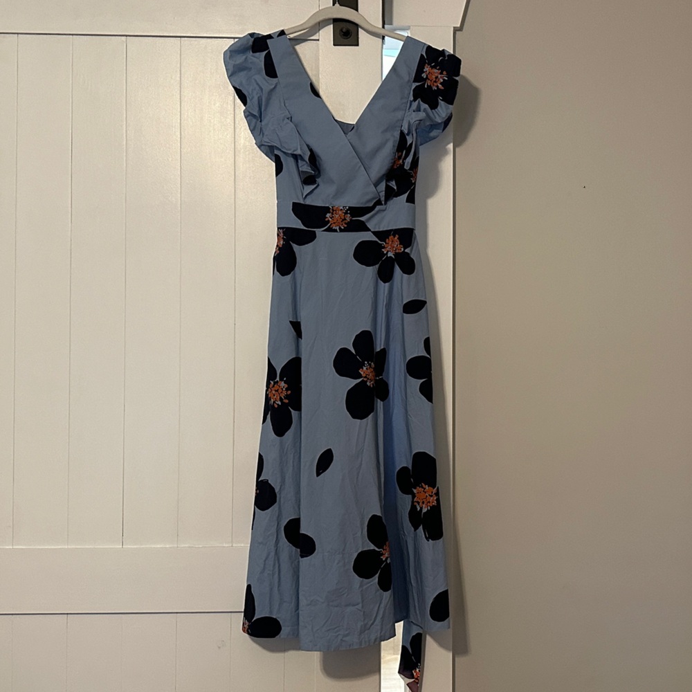 Kate Spade Blue Midi Dress with Black Floral Design